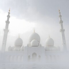 Fototapeta premium White Mosque with Multiple Domés and Minarets Emerging from Fog in a Serene Atmosphere