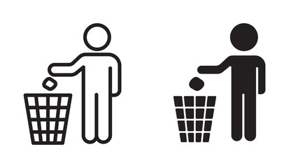 Person throwing trash in wastebasket icon set, trash can icon set, vector illustration . 