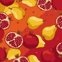 Fruit pattern with pears and pomegranates in a vibrant color scheme. Fruit halves and whole fruits are displayed in a seamless repeating pattern against an ombre background.