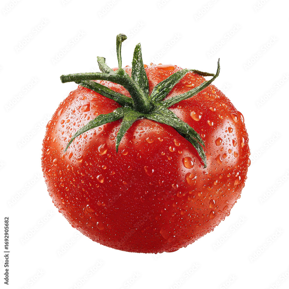 Poster fresh red tomato with droplets of water showcasing its vibrant color and texture in a bright setting