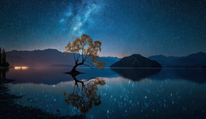A serene lake scene at night, showcasing a lone tree reflecting perfectly in the still water, under a breathtaking starry sky with the Milky Way