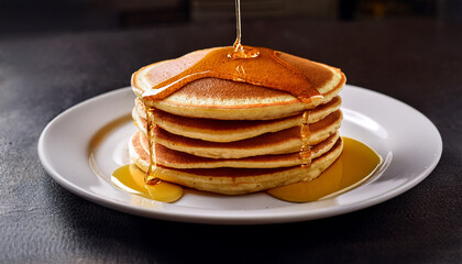 A Stack Of Fluffy Pancakes Drizzled With Golden Syrup On A White Plate Perfect For Any Breakfast Setting
