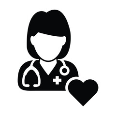 Physician icon vector female person profile avatar with stethoscope and heart symbol for cardiologist medical consultation in Glyph pictogram illustration