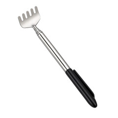 Photo of a retractable metal back scratcher with a black handle, isolated on transparent background