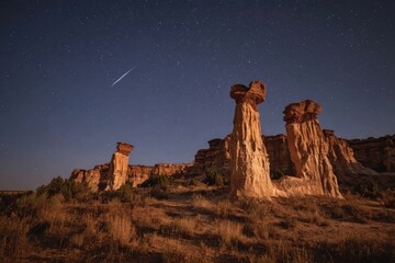 Desert buttes under a starry night sky.  Meteor streaks across