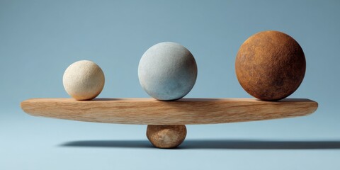 Three spheres balanced on a wooden seesaw against a light blue backdrop