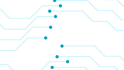 Abstract minimal futuristic circuit board style background. Cyan blue linear connections and circular nodes on a clean white backdrop. Digital connectivity, networking, and modern technology