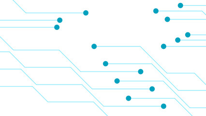 Obraz premium Abstract minimal futuristic circuit board style background. Cyan blue linear connections and circular nodes on a clean white backdrop. Digital connectivity, networking, and modern technology