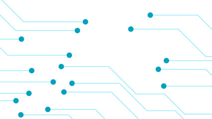 Abstract minimal futuristic circuit board style background. Cyan blue linear connections and circular nodes on a clean white backdrop. Digital connectivity, networking, and modern technology