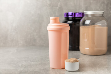 Protein powder. protein shake. Shaker bottle with protein. Food supplement. Whey protein powder...
