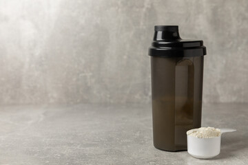 Protein powder. protein shake. Shaker bottle with protein. Food supplement. Whey protein powder...