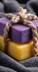 Two bars of soap, purple and yellow, tied with natural rope, resting on a textured gray cloth