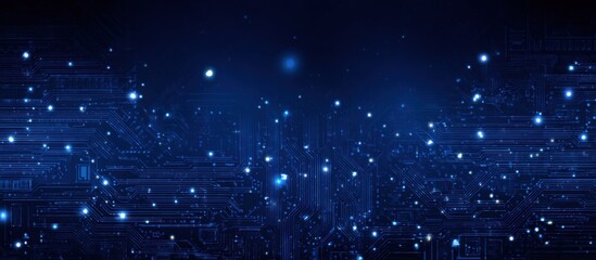 Abstract digital cityscape.  Dark blue tech background with glowing light points