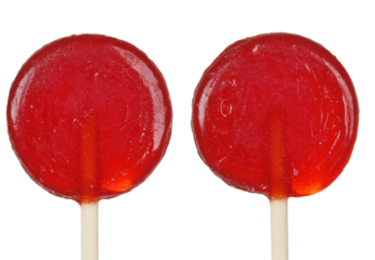 Two bright red lollipops on wooden sticks, showcasing their glossy surface and circular shape.