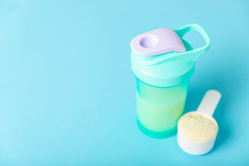 Protein powder. protein shake. Shaker bottle with protein. Food supplement. Whey protein powder...