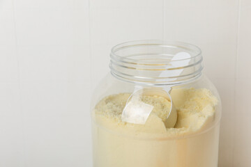 Protein powder. protein shake. Shaker bottle with protein. Food supplement. Whey protein powder...