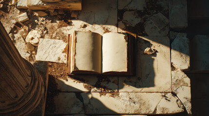 An ancient text laid open on jagged stone surfaces within historical ruins, warmed by the soft glow of sunlight.