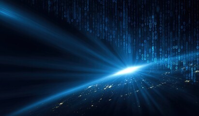 Abstract digital landscape with light rays and binary code