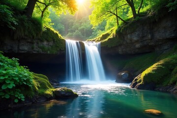 Fototapeta premium Serene waterfall cascading down mossy rocks, sunlight dappling the water, lush green foliage surrounding the scene, perfect summer escape , vibrant, nature