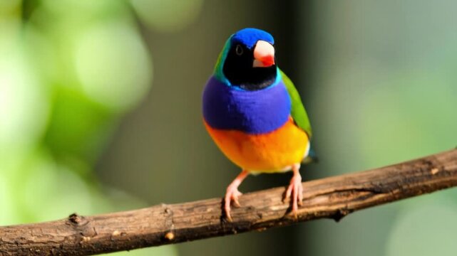 Macro footage of Colorful Gouldian Finch (Erythrura gouldiae) Perched and Looking around on Tree Branch in Nature