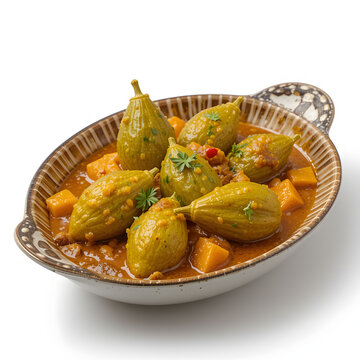 Traditional pointed gourd (parwal) curry served in a dish, cooked with spices in a flavorful gravy, isolated