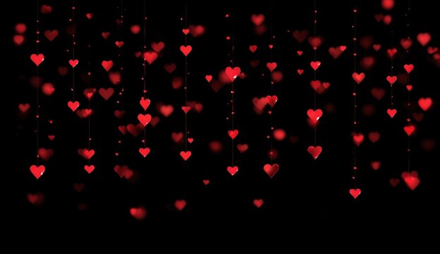 Abstract red hearts cascading on black background