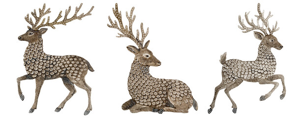 Freehand Watercolor Christmas reindeer set with detailed antlers in different poses. Festive holiday watercolour clipart for cards, crafts, winter seasonal design. Hand drawn watercolour deer