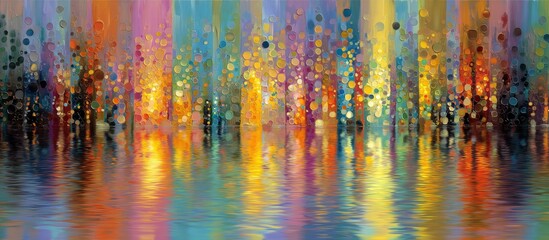 Abstract cityscape reflected in water, vibrant colors