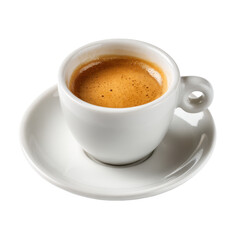 Fototapeta premium Rich espresso served in a white cup on a small saucer, highlighting the deep brown crema on top and warmth of the drink in a cozy setting