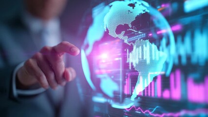 Business hand touching digital financial graphs and futuristic data interface - Powered by Adobe