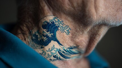 Close up of a neck tattoo depicting the great wave off kanagawa in blue and white ink detail visible