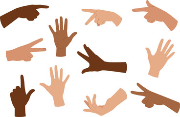 Hand gestures clipart, pointing hands, diverse skin tones, human hands, vector set, finger signs, symbols, hand poses, illustration
