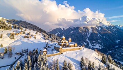 Aerial View of Snow-Covered Mountain Monastery