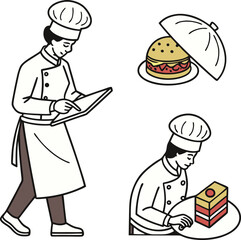 Chef meticulously preparing gourmet burger and exquisite cake for culinary perfection