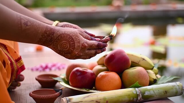 A devotee offers prayers during chhath puja, lighting a diya amidst fruits and sugarcane, symbolizing gratitude and blessings by a serene pond in india chhath puja