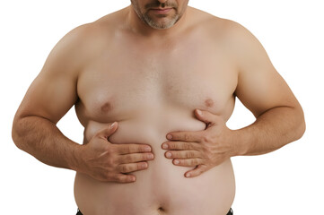 Overweight Male Concerns: A close-up studio shot focuses on a middle-aged male, underscoring concerns about weight management and health, as he subtly touches his stomach.