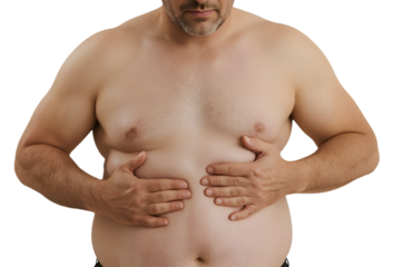 Overweight Male Concerns: A close-up studio shot focuses on a middle-aged male, underscoring concerns about weight management and health, as he subtly touches his stomach.