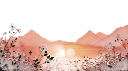 Minimal sunset landscape vector with plants, sea, and mountains in gradient tones isolated on transparent background 