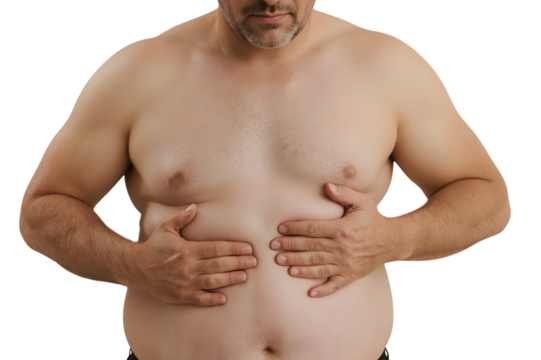 Overweight Male Concerns: A close-up studio shot focuses on a middle-aged male, underscoring concerns about weight management and health, as he subtly touches his stomach.