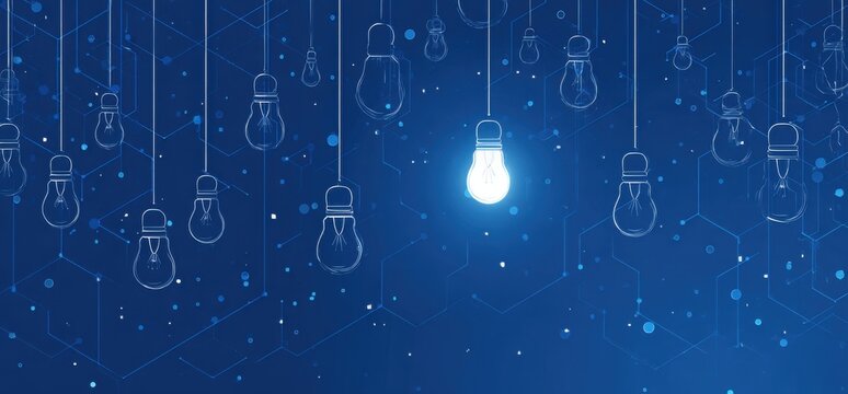 Abstract image of multiple light bulbs, digitally illustrated, hanging on a dark blue background with a network pattern