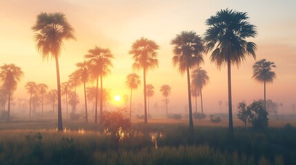 Beautiful sunrise illuminating a hazy tropical landscape featuring palm trees and soft atmospheric light