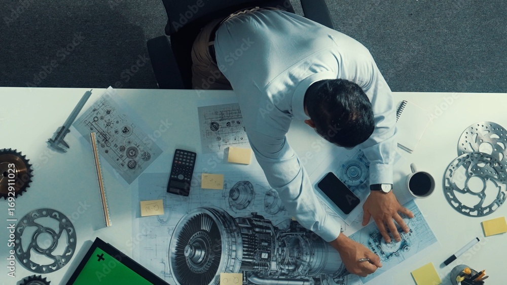 Aufkleber top down view of skilled engineer writing and planning turbine engine design while sitting at meetin