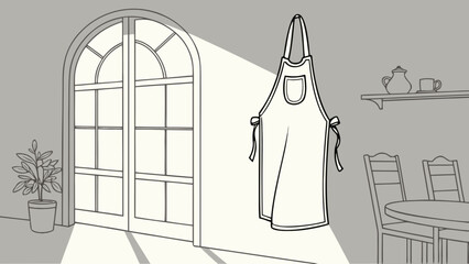 Apron hanging in kitchen interior design sketch with window plant and table for culinary arts