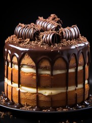 A layered cake with chocolate ganache dripping down and chocolate curls on top on a black background