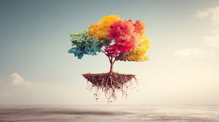 vibrant tree floats mid-air with roots spreading upward into a kaleidoscope-like pastel sky. Light flares and lens effects enhance the magical atmosphere. A conceptual representation of transformation