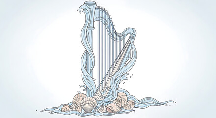 Abstract harp made of blue and white digital elements, isolated on white background