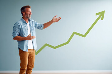 Presenter explaining growth trends in a modern room with an upward graph illustration