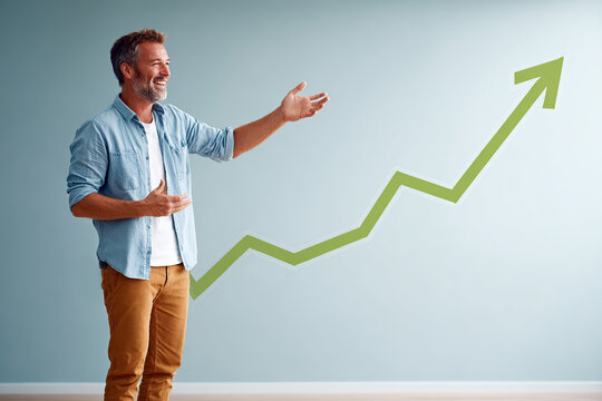 Presenter explaining growth trends in a modern room with an upward graph illustration