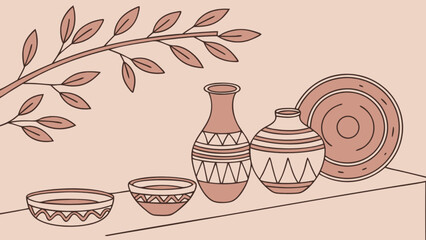 Still life pottery vases bowls plate and branch minimalist art drawing vector illustration design element