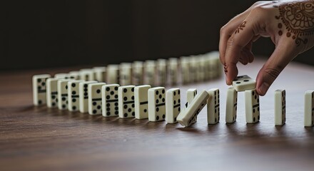 Dominos Falling on Wood Surface with Woman Hand Tattoo